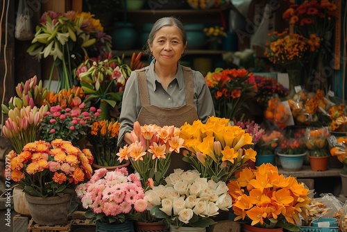 Woman gracefully offers assorted blooms, adding color and fragrance to bustling market ambiance © yevgeniya131988