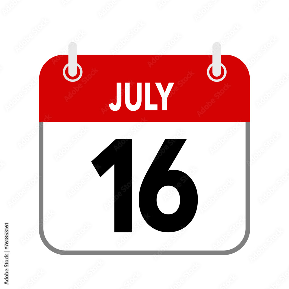 16 July, calendar date icon on white background. 16 July, calendar date icon on white background.
