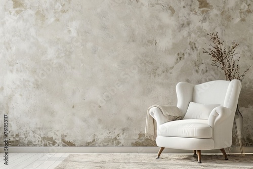 Minimalist living room with white vintage armchair carpet and elegant home decor including a dry plant in a vase against a copy space wall