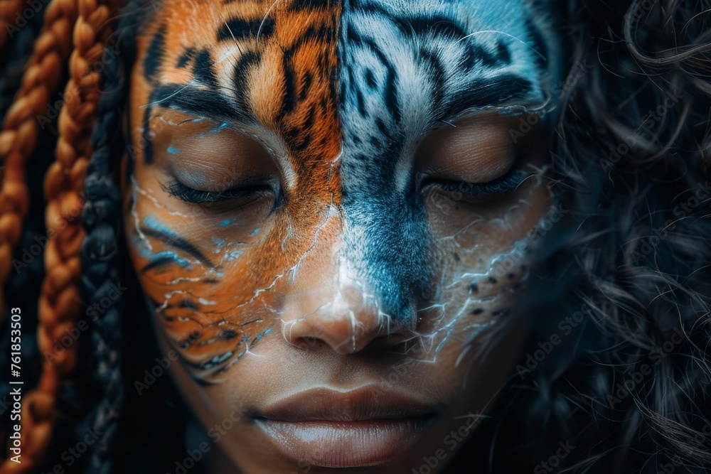 Woman With Tiger Face Paint - obrazy, fototapety, plakaty 