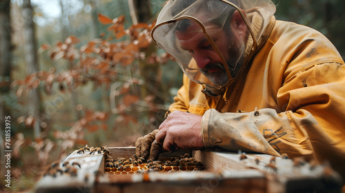 A beekeeper at work. Beekeeping