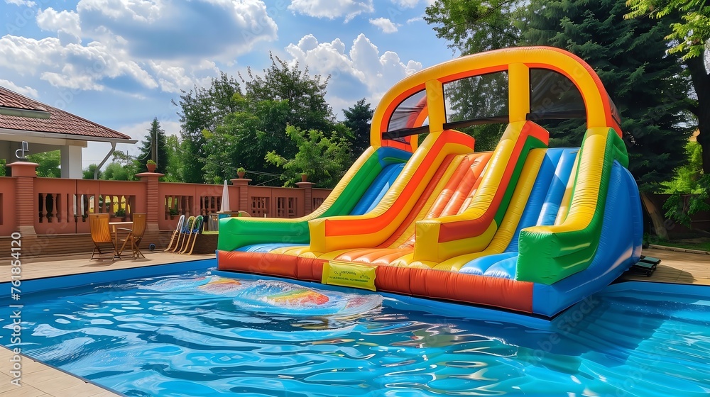 Inflatable bounce house water slide in the backyard, Colorful bouncy castle slide for children playground Inflatable bounce house water slide in the backyard, Colorful bouncy castle slide for children playground