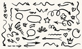 Hand drawn doodle design elements. Arrows crown, heart, star, speech bubble. Vector illustration