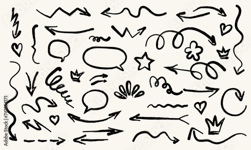 Hand drawn doodle design elements. Arrows crown, heart, star, speech bubble. Vector illustration photo