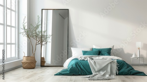 Sleek Minimalist Bedroom Design with Teal Bedding and Floor Mirror AI Generated.