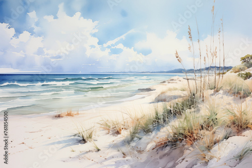 Artistic watercolor illustration of a tranquil beach with dunes and sea grass