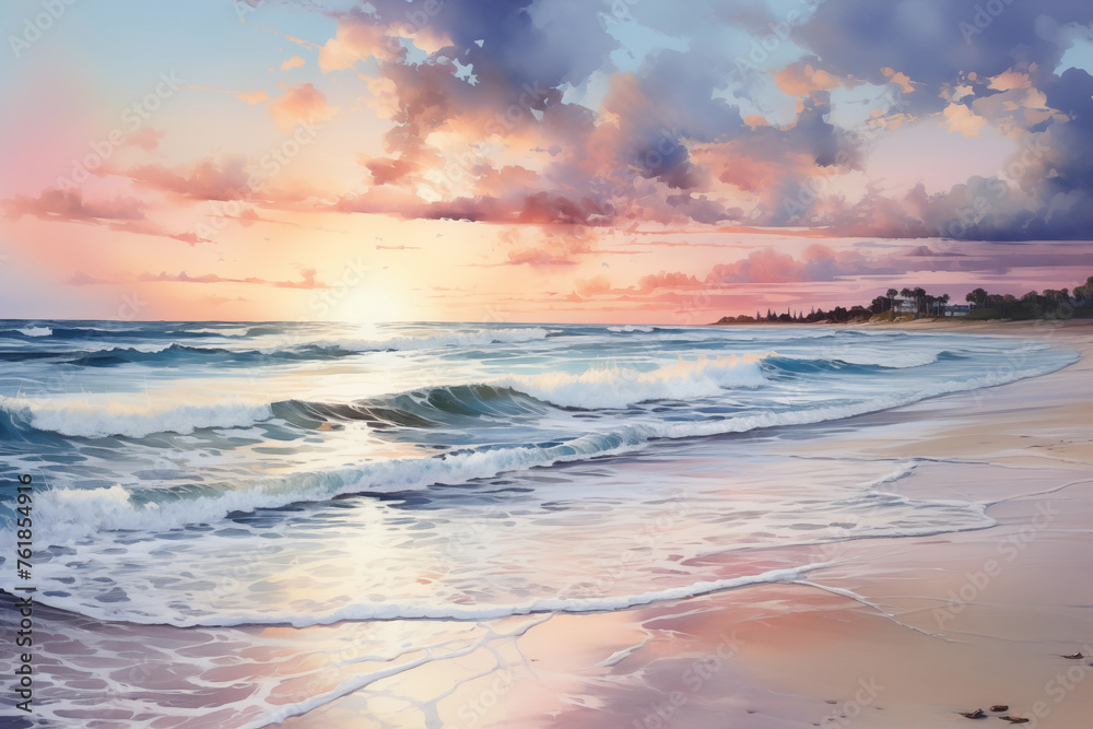 Serene ocean scene as the sun sets with vibrant clouds and gentle waves