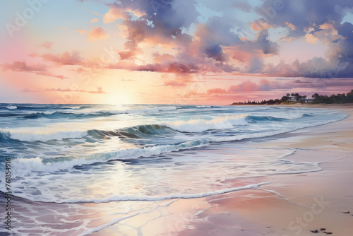 Serene ocean scene as the sun sets with vibrant clouds and gentle waves © bluebeat76