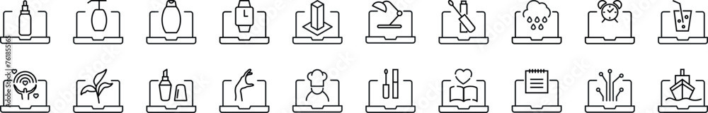 Collection of outline symbol of items on laptop. Editable stroke. Simple linear illustration for stores, shops, banners, design