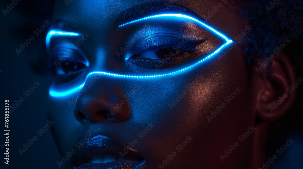 Portrait of beautiful African woman with neon makeup, model with futuristic cosmetic and fashion concept