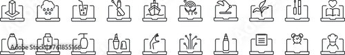 Items on laptop linear vector icons collection. Editable stroke. Simple linear illustration for web sites, newspapers, articles book