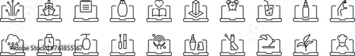 Bundle of linear symbols of items on laptop. Editable stroke. Linear symbol for web sites, newspapers, articles book