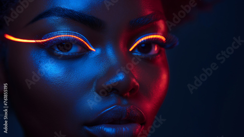 Portrait of beautiful African woman with neon eyeliner, futuristic cosmetic and fashion