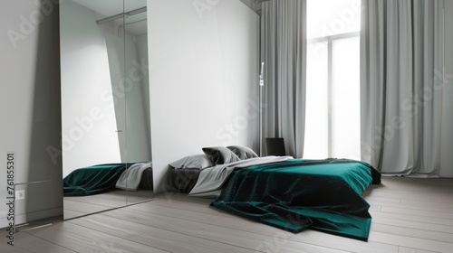 Serene Minimalist Bedroom with Teal Accents and Reflective Floor Mirror AI Generated.