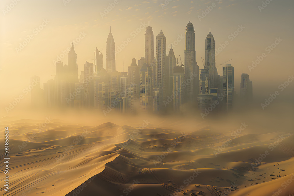 The Mirage City: A Vibrant Metropolis Emerging from the Heat Haze of an Arid Desert