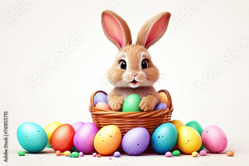 A cute Easter bunny with a basket of eggs and spring flowers is an illustration of a children character on a white background, a traditional holiday card.  © Ольга Симонова