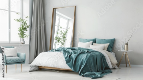 Modern Minimalist Bedroom Featuring Large Floor Mirror and Teal Decor AI Generated.