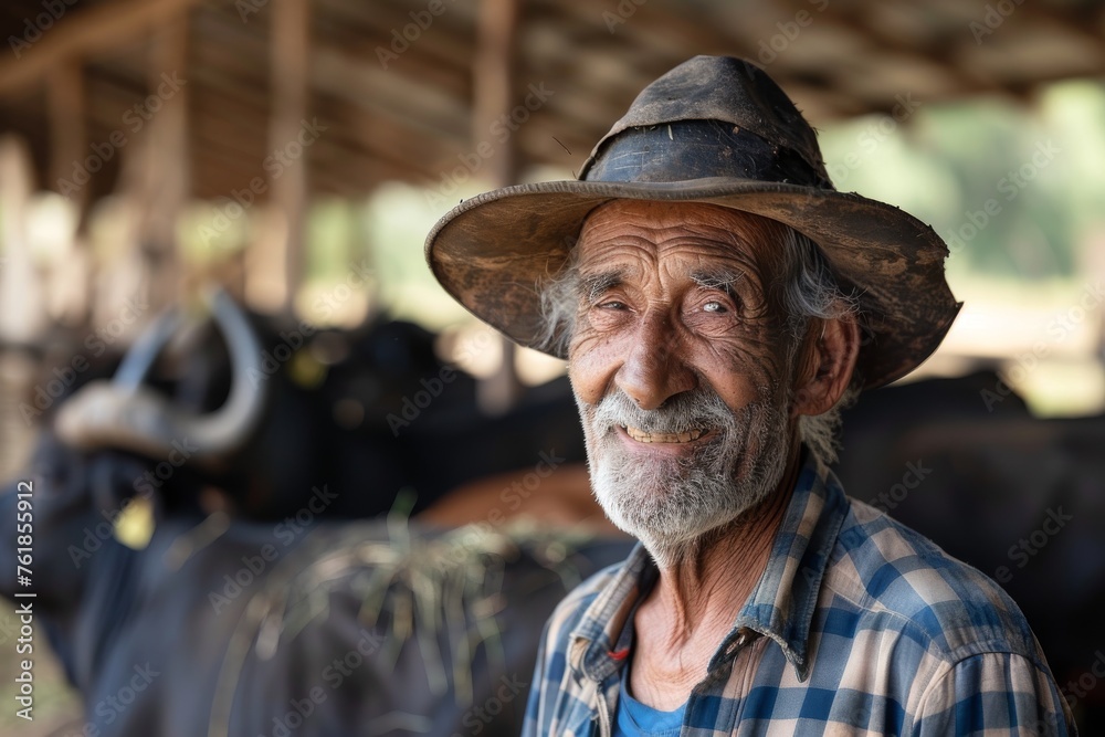 Portrait of senior farmer smiling in buffalo farm Portrait of senior farmer smiling in buffalo farm