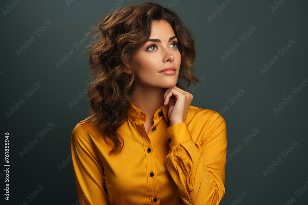 Portrait of young brunette long-haired woman looking up and thinking, touching her chin, copy space indoor studio shot.