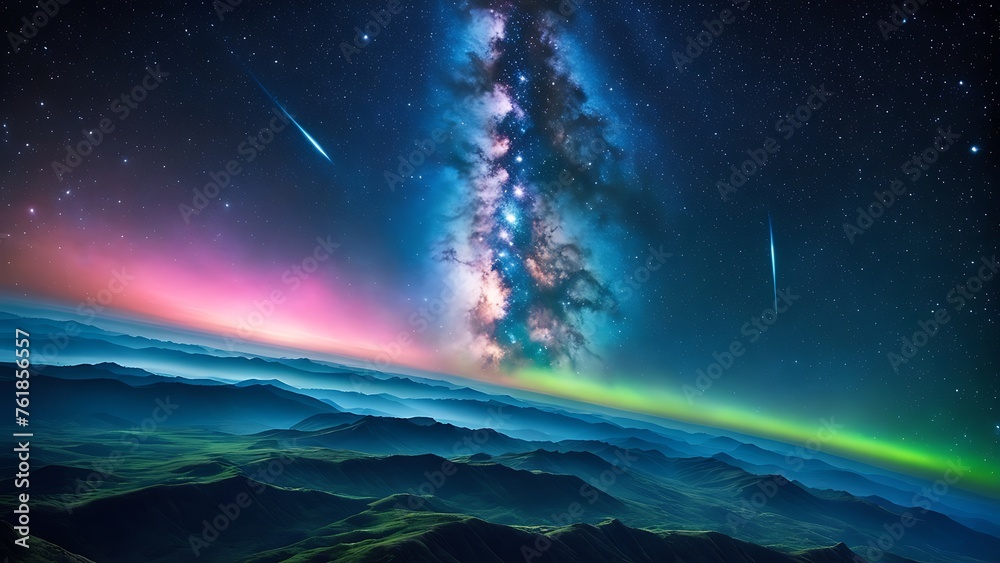 A vibrant nightscape with the Milky Way, shooting stars, and aurora over mountains