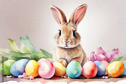 A cute watercolour Easter bunny with a basket of eggs and spring flowers is an illustration of a children character on a white background, a traditional holiday card.  © Ольга Симонова