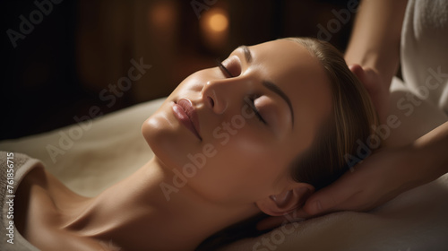 A woman is getting a massage with her head at spa