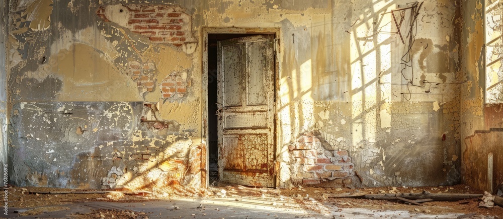 An old building with a rectangular faade made of brickwork. It has a wooden door and a small window. The interior features a room with a brick wall An old building with a rectangular faade made of brickwork. It has a wooden door and a small window. The interior features a room with a brick wall