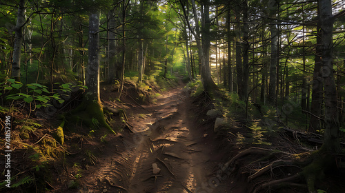 A muddy trail winding through a dense forest, with towering trees overhead casting dappled shadows on the ground