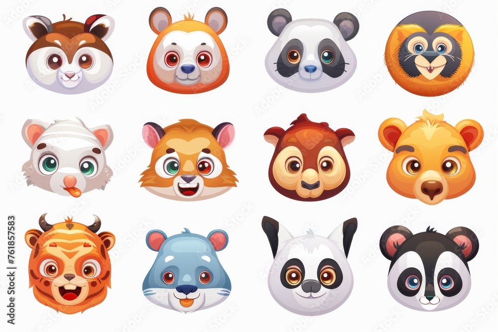 Fototapeta premium Set of animal faces, face emojis, stickers, emoticons stock illustration