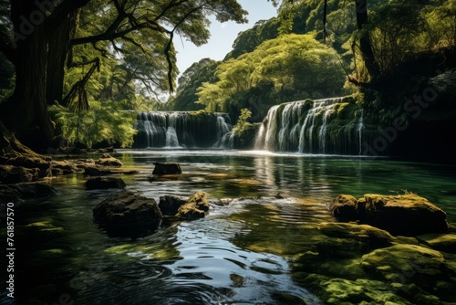 Waterfall in river with trees and rocks, part of natural landscape © Yuchen Dong
