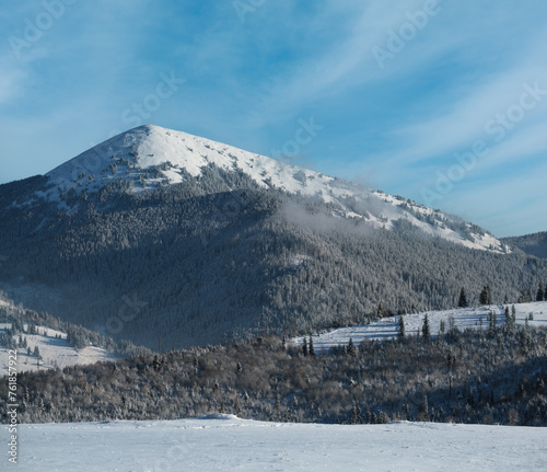 Winter Gorgany massiv mountains scenery view from Yablunytsia pass, Carpathians, Ukraine. photo