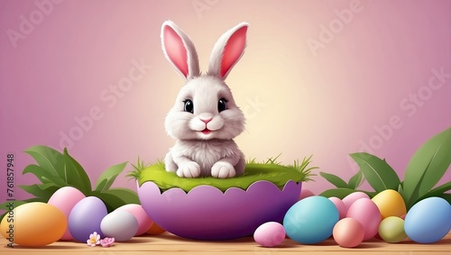 A cute Easter bunny with a basket of eggs and spring flowers is an illustration of a children character  a traditional holiday card on a colored background. 