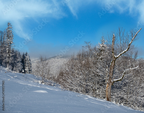 Winter massiv mountains scenery view from Yablunytsia pass, Carpathians, Ukraine. photo