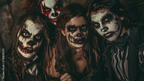 A group of friends dressed up as iconic horror movie characters, with details of the characters' costumes, makeup, and accessories.