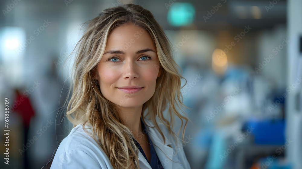 portrait of a blonde female doctor looking at the camera