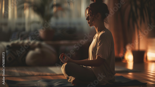 A young woman sitting in a lotus pose on a yoga mat, meditating, with details of the woman's peaceful expression, the serene setting, and the soft lighting.
