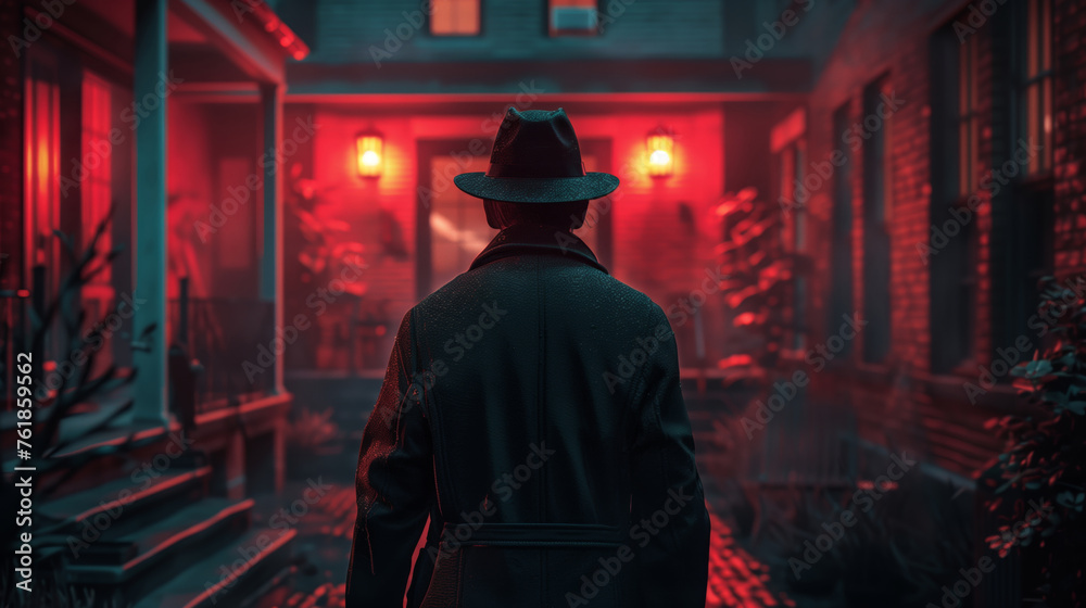 Obraz premium A detective in a black coat and hat stands in front of a red building