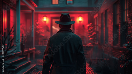 A detective in a black coat and hat stands in front of a red building