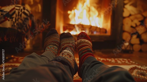 Cozy moments captured as feet snuggle in wool socks by a warm fire