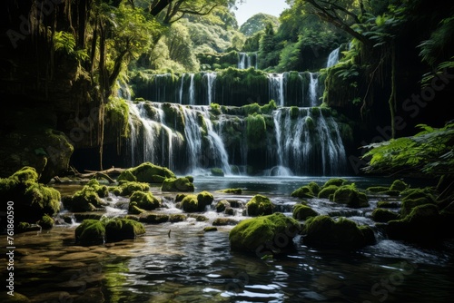 Water cascading down a lush green forest waterfall in a natural landscape