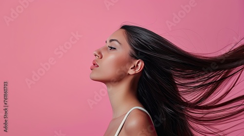 a beautiful young woman with long straight shiny healthy black hairs with hair tossing in the air, isolated on pastel background, shampoo, conditioner, salon photo