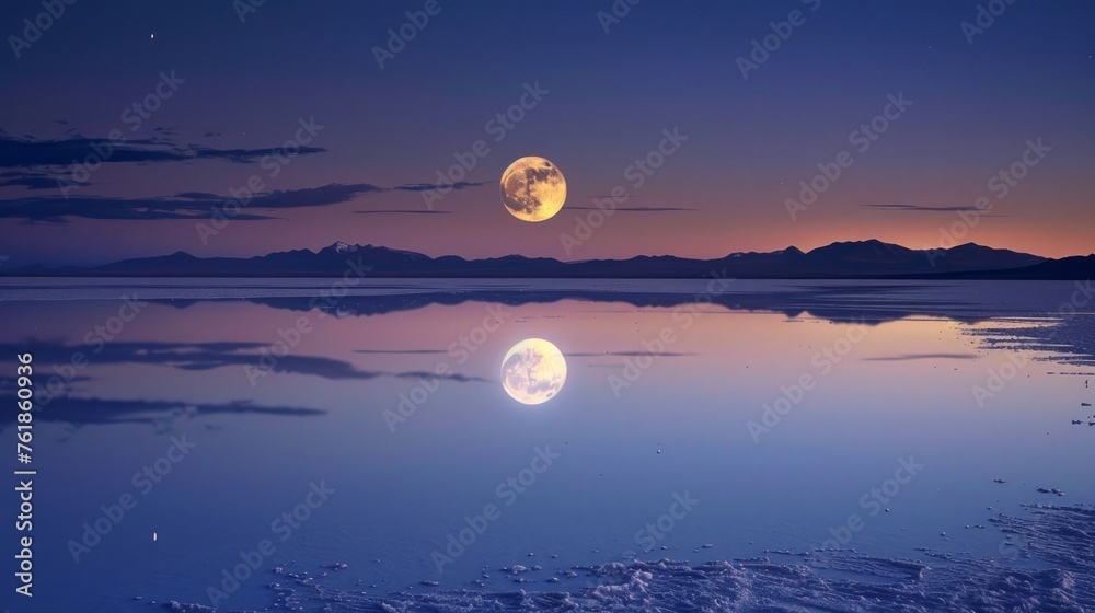 Moon setting in Bolivia over the Uyuni Salt Flats