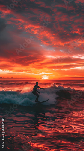 Dawn's First Light: An Early Morning Surfer Catching Waves Against a Breathtaking Sunrise