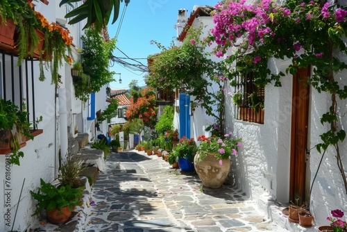 Narrow street white walls flowerpots Greece