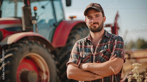 Agriculture banner. Proud attractive confident male farmer standing in front of agricultural machinery.  photo