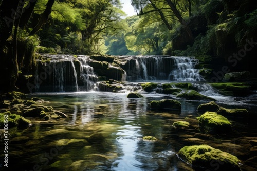 A waterfall flows through a forest, surrounded by trees and greenery © Yuchen Dong