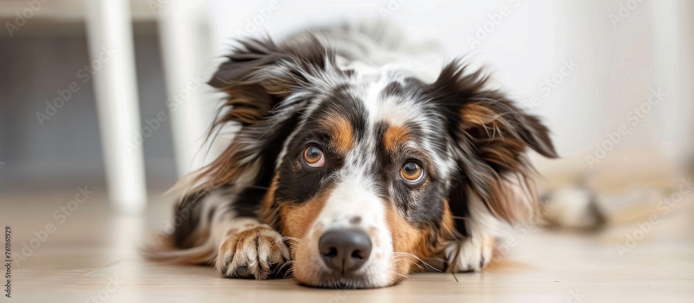 Adorable dog lying inside with bashful expression.