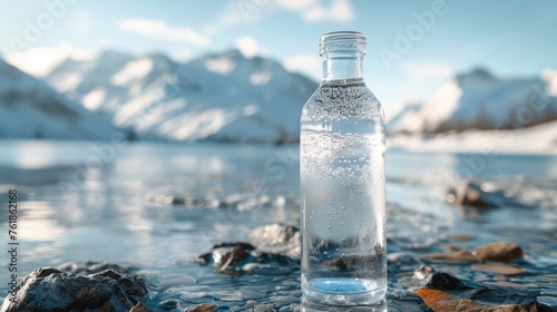 Crystal water bottle and glass pouring against blurry natural snow mountain landscape background. Pure, natural, organic water