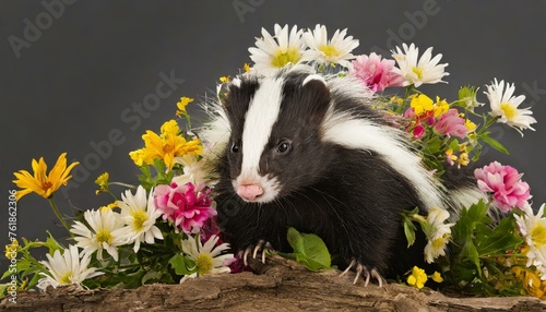 Funny skunk covered in wildflowers, isolated on gray background