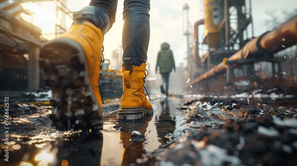 Person Walking Down Street With Yellow Boots Person Walking Down Street With Yellow Boots